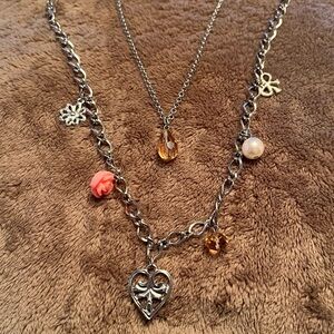 VINTAGE Silver and Pink Layered Charm Necklace | Flower, Heart, Bow, Crystals